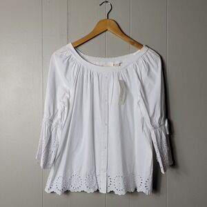WESTBOUND WHITE BUTTON FRONT PEASANT TOP EYELET TRIM WOMENS PETITE LARGE NWT